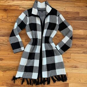 Black and white checkered long knit cardigan